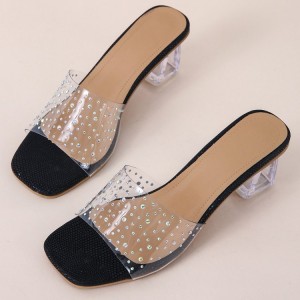 High heeled slippers for women in the summer of 2023, featuring crystal and PVC rhinestone hot stamping for fashionable one-piece slippers