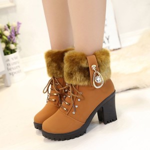 2013 Winter New Style Water Diamond High Heels Coarse Heels Hairy Mouth Short Boots with Velvet Martin Boots Women's Large Shoes