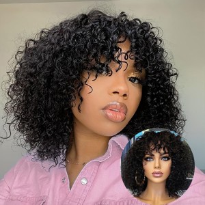 Xu Chang Real Hair Curly Bob Wigs with Bangs Human Hair Short Wigs