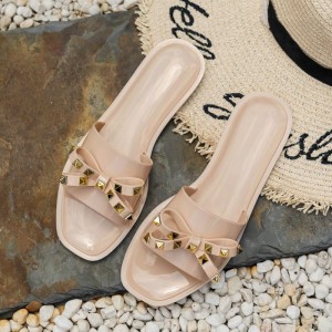 Cross border new bow slippers for women, popular on Instagram, crystal jelly bottom, straight drag flat beach slider