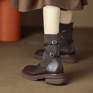 Short boots children's 2024 autumn new round head flying weave splicing cross belt buckle high-end fashion slim boots