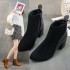 Coarse heeled mid leg boots for children, 2024 autumn new style leather splicing pointed side zipper women boots suede