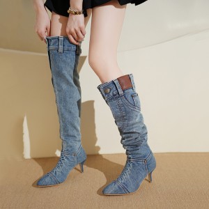 Autumn and winter new European and American style pointed toe mid heeled denim boots for women, pleated pile boots, slim heels, slimming over the knee fashion boots