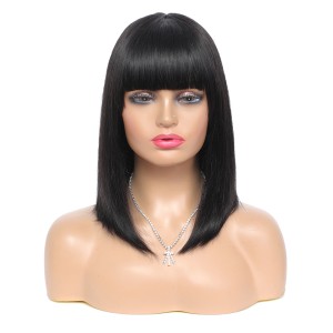 Women's short hair, real hair wig, bob wig, straight hair with bangs