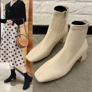 Internet celebrity boots, children's autumn and winter Korean version, new square toe, middle tube, thick heel, Martin boots, women's fashion, high heels, women's leather boots