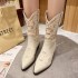 Embroidered leather boots for women, pointed toe, thick heel, midsole, knight boots, retro ethnic style, large size, European and American foreign trade women's boots, size 42