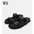 Ins Cross border New European and American Large Sponge Cake One Line Slippers Solid Color Decorative Buckle Thick Bottom Women's Sandals Shoes