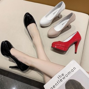 Foreign trade new high heels fashion women's shoes waterproof platform fine order shoes patent leather round toe plus size work women's single shoes wholesale