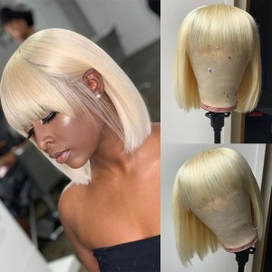 613bob Human hair bangs wig blonde hair