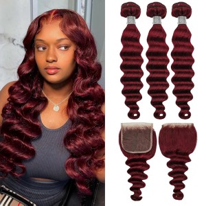 Cross border real person hair Xuchang wig wine red hair curtain 99j loose deep wave human hair