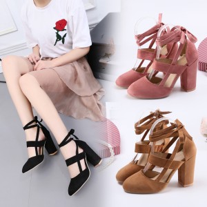 Wish European and American foreign trade plus size women's shoes, thick heels, high heels, lace up, plus size single shoes manufacturer, direct supply in stock 41.43