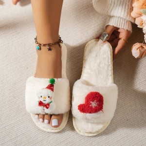 New Christmas snowman open toed fuzzy slippers for home leisure, plush thick soled slippers, European and American plus size cotton shoes