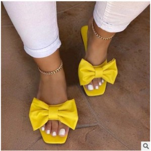 2020 Summer New Large Foreign Trade Women's Shoes Butterfly Bow Square Head Low Heel One Word Slippers Women's Foreign Trade Cool Slippers Women