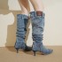 Autumn and winter new European and American style pointed toe mid heeled denim boots for women, pleated pile boots, slim heels, slimming over the knee fashion boots