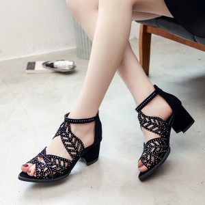 Foreign Trade Wish Spring/Summer Korean Edition Mid Heel Fish Mouth Hollow Sandals Women's Zipper Thick Heel Water Diamond Women's Shoes Large Size