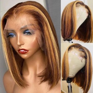 4x4lace closure bob wig p4/27 piano color real hair wig headband T part bob