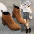 Coarse heeled mid leg boots for children, 2024 autumn new style leather splicing pointed side zipper women boots suede