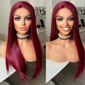 Cross border wig, European and American fashion synthetic headband, wine red long straight hair, front lace synthetic wig manufacturer, straight