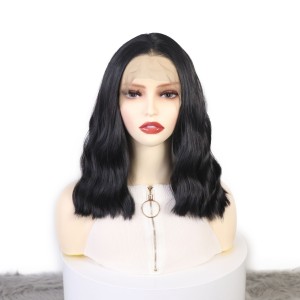 Foreign trade wig Bob style black split straight hair short hair front lace wig high temperature silk synthetic wig factory