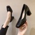 High heels, single shoes, women's thick heels, painted surface, 2023 spring square toe new shallow mouth work shoes, High heels Korean version