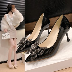 High heels, slim heels, feminine temperament, 2025 spring new style, shallow mouth pointed rhinestone butterfly high-end work shoes, black