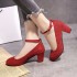 Spring and Autumn New Korean Edition Suede High Heels Waterproof Platform Buckle Thick Heel Medium Heel Shallow Mouth Professional Single Shoes for Women's Foreign Trade