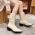 Embroidered leather boots for women, pointed toe, thick heel, midsole, knight boots, retro ethnic style, large size, European and American foreign trade women's boots, size 42