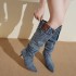 Autumn and winter new European and American style pointed toe mid heeled denim boots for women, pleated pile boots, slim heels, slimming over the knee fashion boots