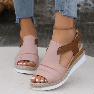 European and American Cross border Foreign Trade 2024 Summer New Style Slope Heel Straw Sandals Waterproof Platform Thick soled High Heels with One Button Strap