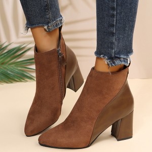 High heeled boots for children, 2023 autumn new style, thick heel, suede leather splicing, side zipper boots, fashionable pointed toe