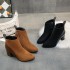 Coarse heeled mid leg boots for children, 2024 autumn new style leather splicing pointed side zipper women boots suede