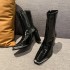 High heeled mid rise boots for children, 2024 autumn new style patent leather square toe high-end boots, slim boots, small stature