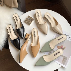 Half slipper women's 2023 summer new pointed toe mid heel women's slippers Korean version wearing M ü ller shoes