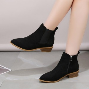 Wholesale of new large-sized pointed short boots with suede and simple British style women's boots for autumn and winter, flat bottomed side zipper bare boots for foreign trade