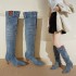 Autumn and winter new European and American style pointed toe mid heeled denim boots for women, pleated pile boots, slim heels, slimming over the knee fashion boots