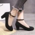 Spring and Autumn New Korean Edition Suede High Heels Waterproof Platform Buckle Thick Heel Medium Heel Shallow Mouth Professional Single Shoes for Women's Foreign Trade