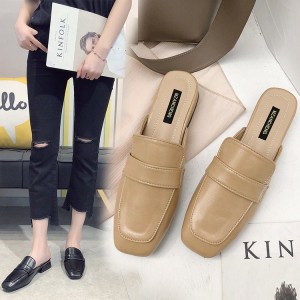 Half slipper women's 2023 summer new item with leather toe cover, breathable middle heel, ladies' slippers square toe