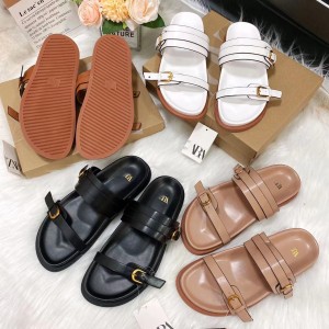 Ins Cross border New European and American Large Sponge Cake One Line Slippers Solid Color Decorative Buckle Thick Bottom Women's Sandals Shoes