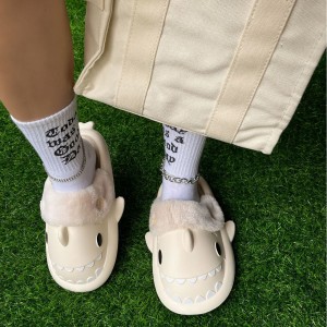 Amazon Cross border Women's Hairy Shoes Shark Cotton Shoes Home Couple Cotton Slippers Slippers Shark fur slides