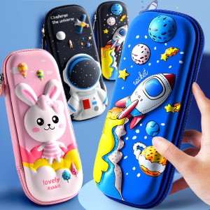 Leather pencil case for boys and girls, 3D stereoscopic stationery box for elementary school students, new PU pencil box, cartoon stationery factory