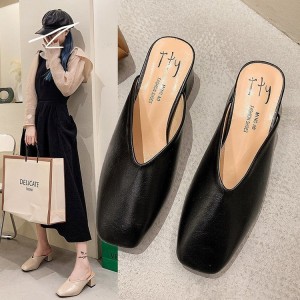 Baotou Half Slippers Women's 2024 Summer New Style Square Head Middle Heel Korean Edition Ladies Slippers Muller Shoes