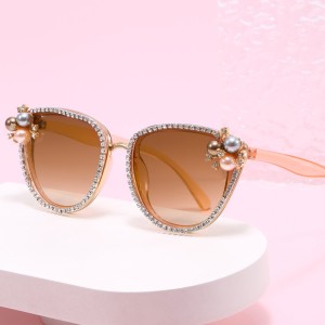 New Princess Barbie Pink Metal Sunglasses, European and American Fashion Versatile Pearl Flower Sunglasses, Cross border Sunglasses