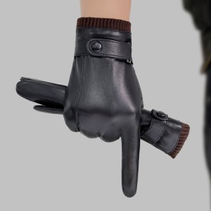 Leather gloves for men in winter, touch screen for driving, windproof and warm, with thickened fleece and sheepskin layer for riding motorcycles