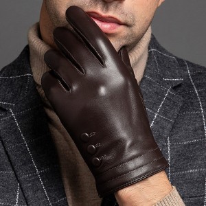 Leather gloves for men in autumn and winter, thickened with fleece for warmth, driving and cycling, touch screen for business, top layer sheepskin gloves for windproof