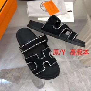 【 High version 】 Genuine leather summer Velcro flat bottomed beach sandals for outdoor wear, color blocked rhinestone slippers for women