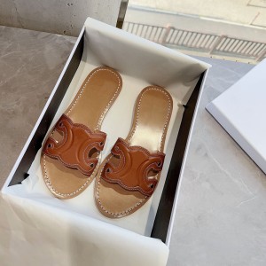 2023 Spring/Summer New Brown Triumphal Arch Embossed Flat Slippers for Women's Fashion Outerwear Round Headed One Word Cowhide Coolers