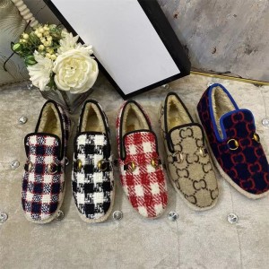 G Family Horse Carrying Mouth Single Shoes for Women 2022 Autumn/Winter New Style Double G Color blocked Sheepskin Wool Integrated Plush Flat loafers