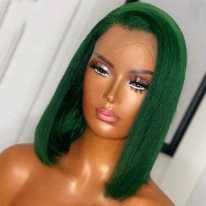 Cross border dark green bob wig short hair black 13x4 lace frontal wig real hair