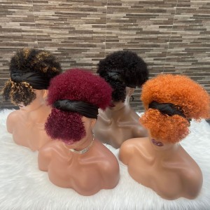 Cross border new product Afro African Curled Ice Silk Hair Strap Wig Natural Color Fluffy Small Curl Explosive Head Real Hair Set