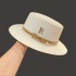 Straw hat women summer vacation seaside rhinestone letter R belt personality British retro flat top sunshade cool hat